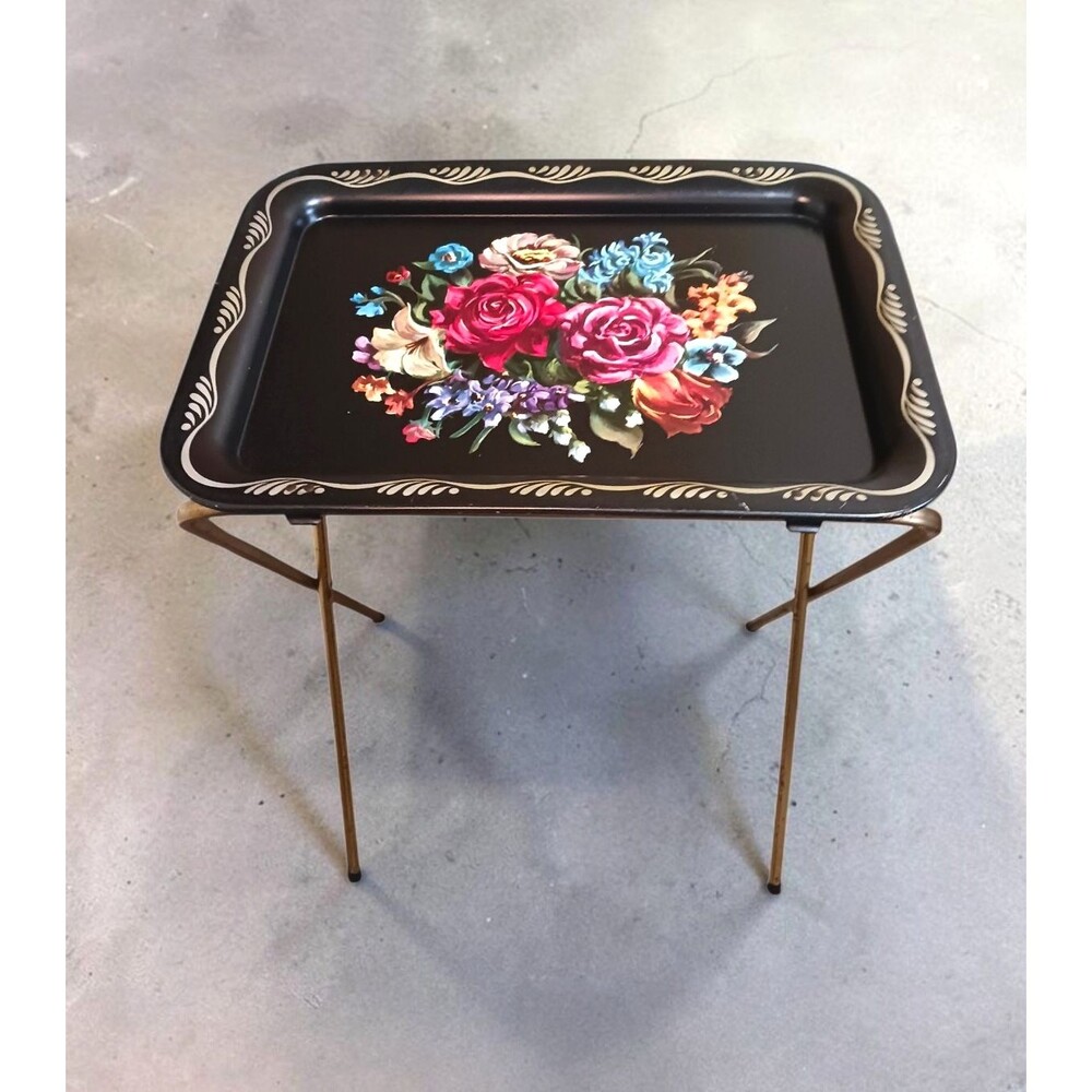 Vintage Crestline Toleware Foldable TV Tray Table Black Roses Floral Metal Legs